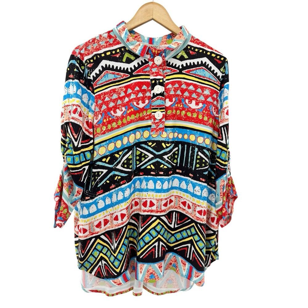 A' La Carte Top Womens Large Artsy Art To Wear Colorful Geometric Button Pockets
